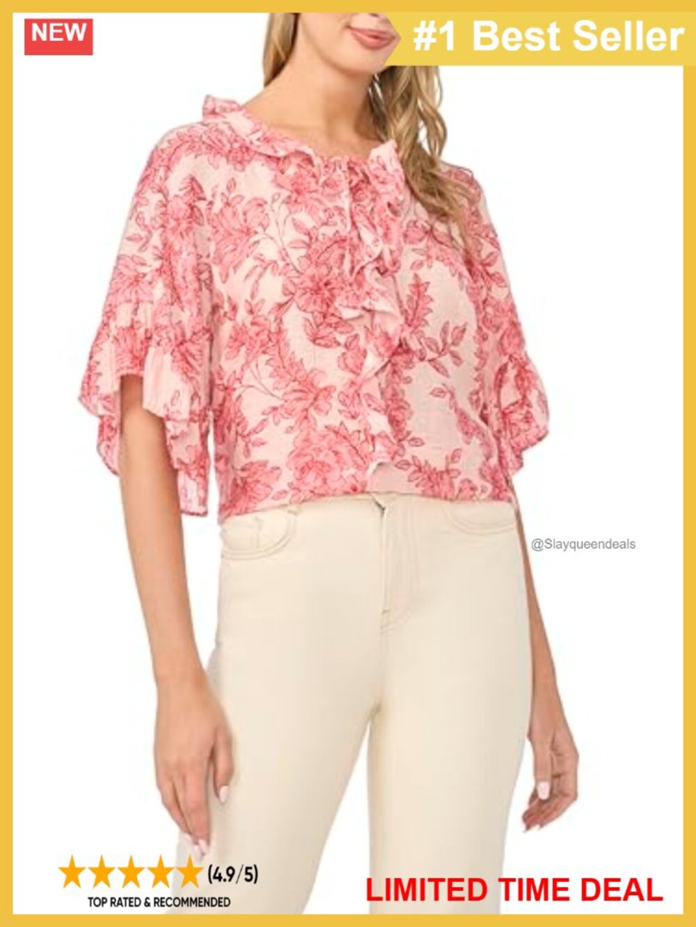 Tie V Neck 3/4 Sleeve Ruffle Front Blouse
